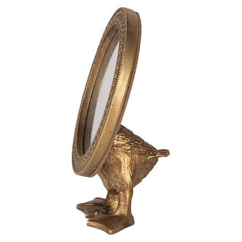 Round Glass Mirror Distressed Gold Duck Feet Stand Tabletop Vanity Decor H15cm