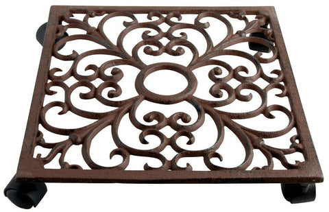 Plant Trolley Caddy Cast Iron Planter Pot Mover Stand Roller Brown Garden 28cm