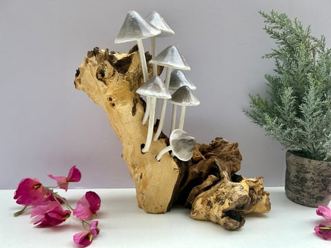 Driftwood Mushroom Sculpture Ink Cap Toadstools on Wood Ornament Teak Tree Root