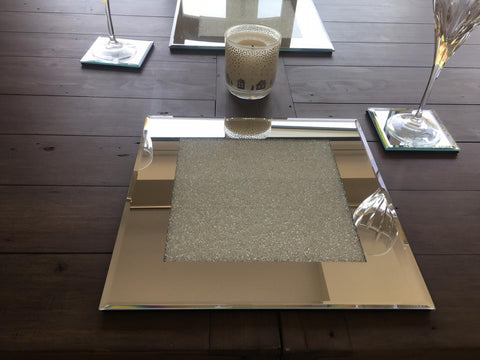 Single Sparkly Crushed Crystal Mirrored Glass Dinner Place Mat Charger 30x30cm