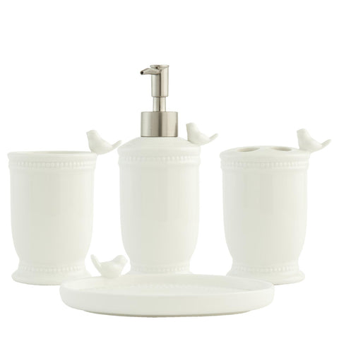 Set of 4 Bathroom Accessory White Ceramic Bird Soap Dispenser Toothbrush Holder