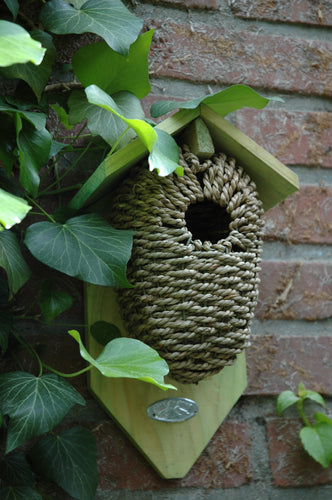 Seagrass Bird House Nest Box Cocoon for Wren Pinewood Frame Wall Tree Mounted