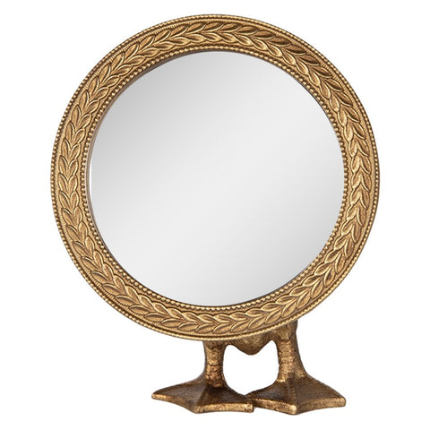 Round Glass Mirror Distressed Gold Duck Feet Stand Tabletop Vanity Decor H15cm