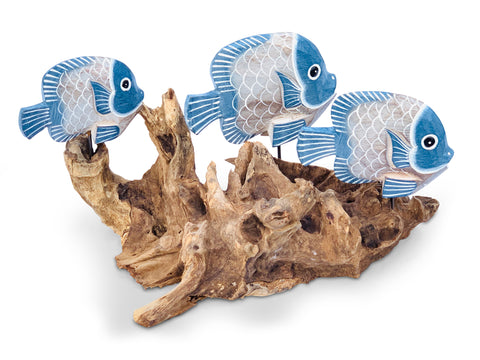 Blue Fish on Teak Root Coral Reef Ornament Tropical Sealife Wooden Sculpture Nautical Decor