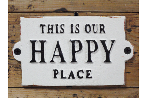 Our Happy Place Home Wall Sign Cast Iron Metal Plaque Vintage Style White Black