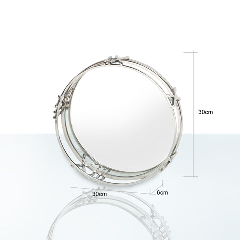 Silver Round Serving/Dressing Table Candle Tray Mirror Glass Base Roman Numerals 30cm