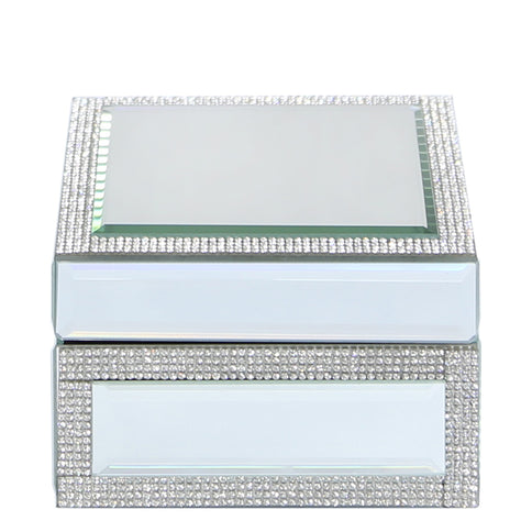 Square Mirror Glass Silver Sparkle Crystal Jewel Jewellery Trinket Box Gift