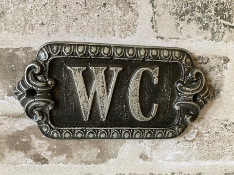 WC Toilet Sign Cloakroom Plaque Wall Door Metal Black Silver Distressed 8.5x17cm