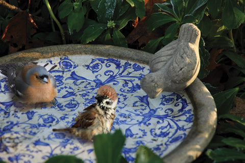 Freestanding Small Bird Feeder Bath Garden Ornamental Table Blue White Ceramic