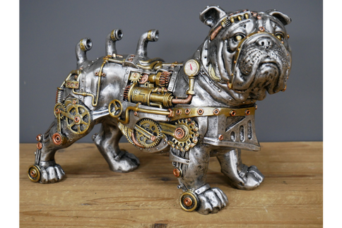 Steampunk British Bulldog Ornament Figurine Statue Gothic Dog Silver Sculpture