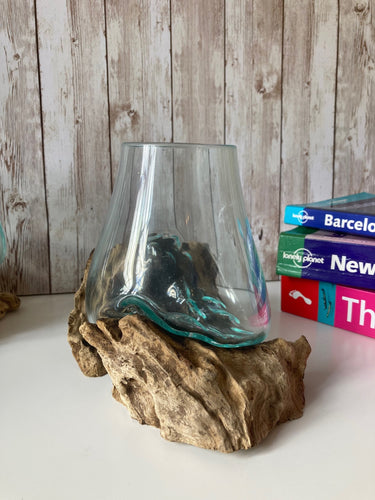 Molten Glass Bowl on Gamal Root Wood Base Stand Ornament Rustic Vase Trinket Jar BM831