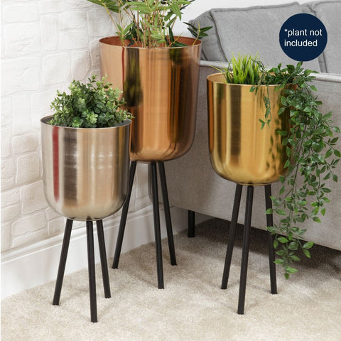 Set of 3 Metallic Bowl Shaped Metal Planters Pots on Legs Gold Silver Copper