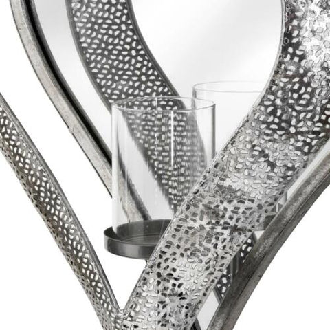 Wall Mounted Mirrored Heart Candle Tealight Holder Silver Metal Sconce 48cm