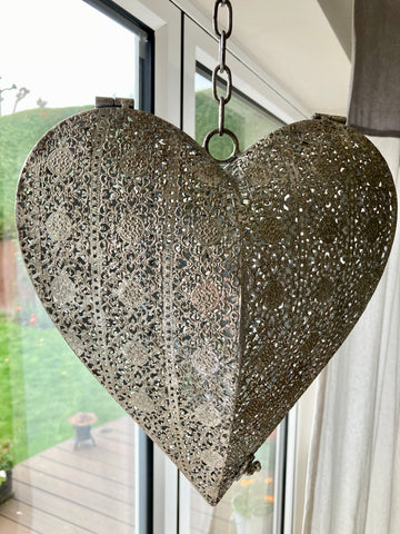 Hanging Heart Tealight Candle Holder Silver Metal Moroccan Home Weddding Decor