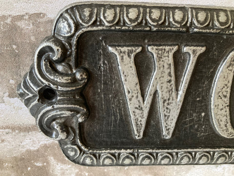 WC Toilet Sign Cloakroom Plaque Wall Door Metal Black Silver Distressed 8.5x17cm