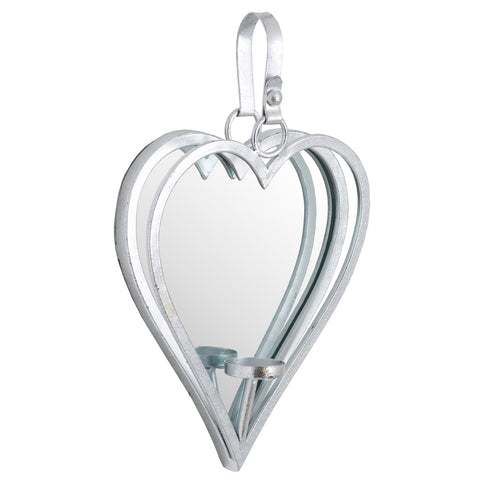 Wall Mounted Mirror Heart Candle Tealight Holder Silver Metal Sconce 40cm