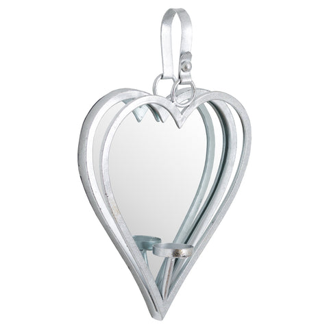 Wall Mounted Mirror Heart Candle Tealight Holder Silver Metal Sconce 40cm