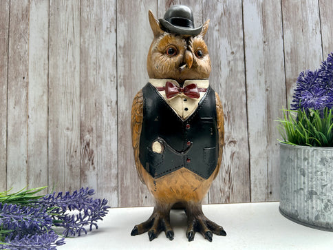 Owl Figurine Gentleman Ornament Dressed Bird Novelty Statue 24cm Decor Gift