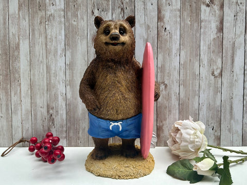 Beach Bear Surfboard Figurine Surfer Gift Animal Ornament Novelty Statue 33cm