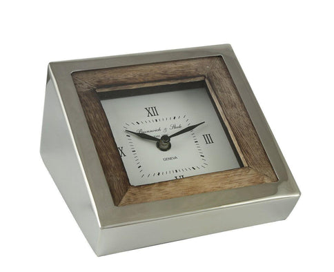 Contemporary Wooden Tilted Table Desk Clock Silver Metal Wedge Shape 15x10cm