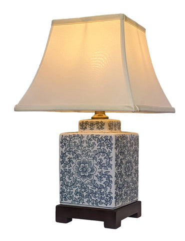 Oriental Table Lamp Square Porcelain Blue Floral Tea Caddy Chinese Light 42cm