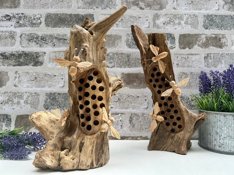 Beehive Bee Wood Ornament Bumble Bees Statue Sculpture Teak Root Handmade Unique