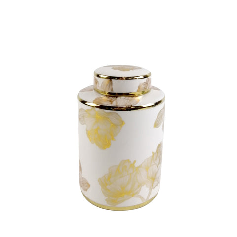 Floral Ginger Jar Gold Ceramic Storage White Chinese Display Vase Container with Lid 20cm