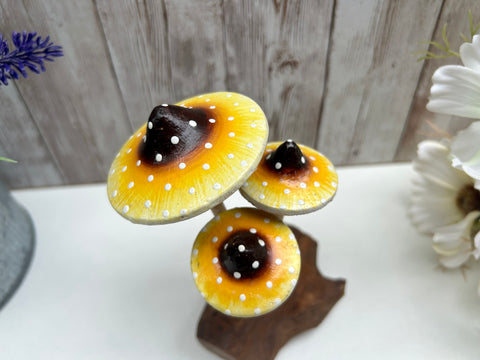 Wooden Mushroom Sculpture Toadstool Amanita Yellow Fungus Driftwood Ornament Gift