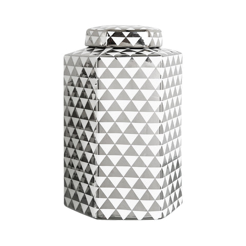 Ginger Jar Ceramic Hexagonal Storage Container Silver Vase Geometric Holder 30cm