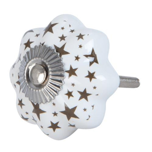 Star Pattern Door Cabinet Knob Handle White Ceramic Brown Flower Shape