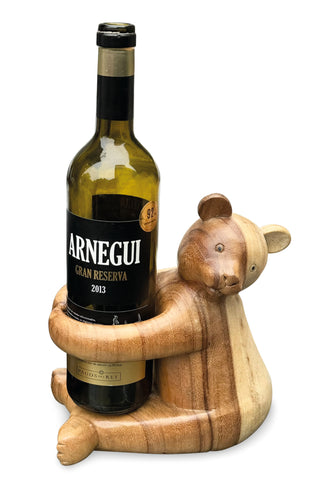 Wooden Wine Bottle Holder Hugging Teddy Bear Stand Freestanding Wood Table Decoration