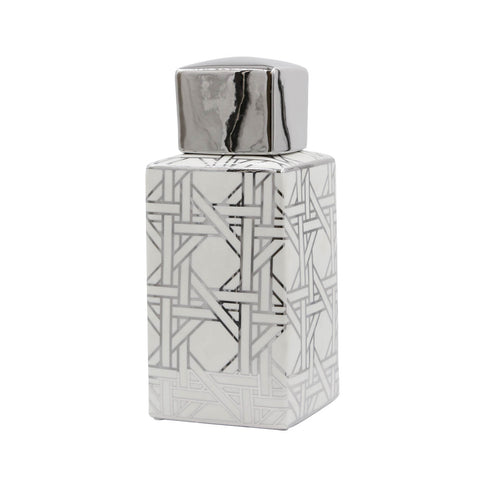 Square Ginger Jar Geometric Decorative Vase Silver and White Lidded Storage 28cm