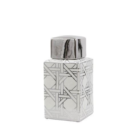 Square Ginger Jar White and Silver Geometric Decorative Vase Lidded Storage 23cm