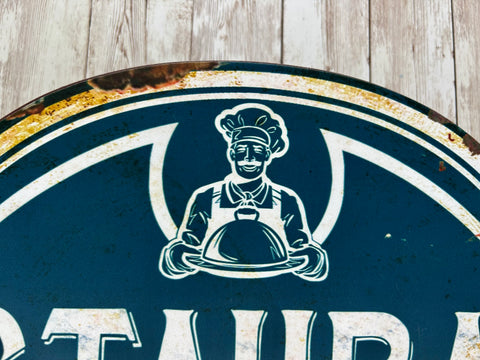 Restaurant Sign Retro Blue French Vintage Style Plaque Metal Cafe Kitchen 46cm