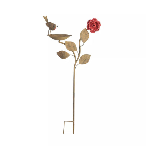 Garden Plant Stake Flower Support Bird Table Bowl Robin Rose Decor Brown Metal