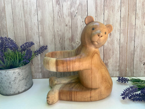 Wooden Wine Bottle Holder Hugging Teddy Bear Stand Freestanding Wood Table Decoration