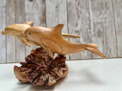 Dolphin Figurine Wooden Ornament Wood Statue Handcarved Root Sealife Sculpture