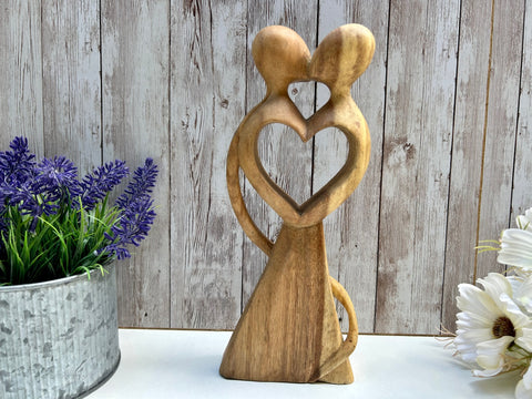 Hand Carved Wooden Abstract Figurine Couple Lovers Kissing Heart Sculpture Wood