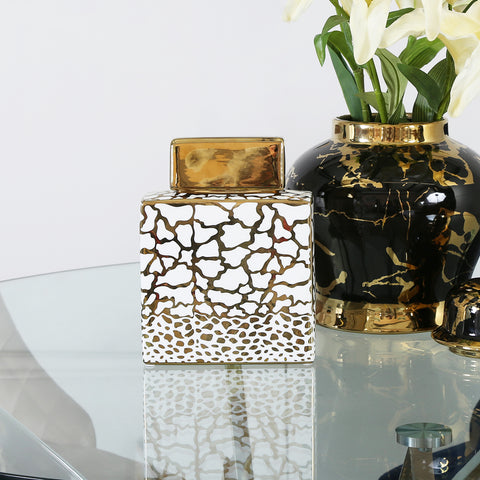 Gold Ginger Jar White Ceramic Storage Display Vase Lid Rectangular Decor 22cm