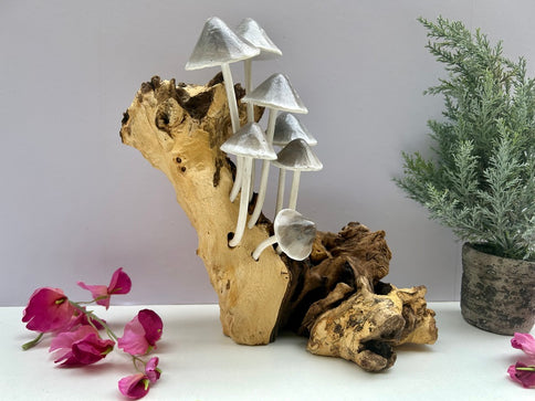 Driftwood Mushroom Sculpture Ink Cap Toadstools on Wood Ornament Teak Tree Root