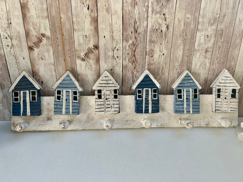 Wood Beach Hut Coat Rack Hooks Blue Rustic Seaside Coastal Wall Hanger Decor 60cm