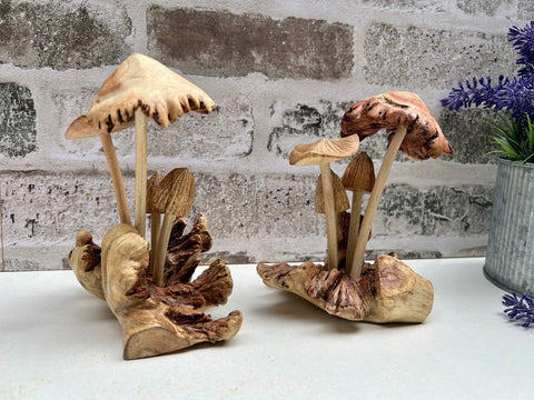 Hand-Carved Mushrooms on Teak Root Wooden Toadstool Ornament Sculpture Gift