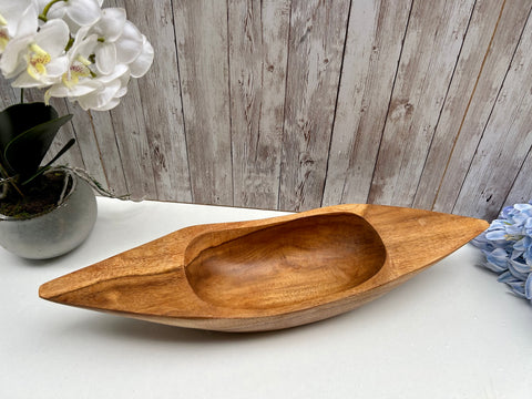 Banana Boat Wooden Bowl Oblong Oval Wood Fruit Trinket Dish Carved Teak Root