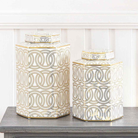 Hexagonal Ginger Jar Ceramic Gold Circles Storage Oriental Display Vase Lid 30cm
