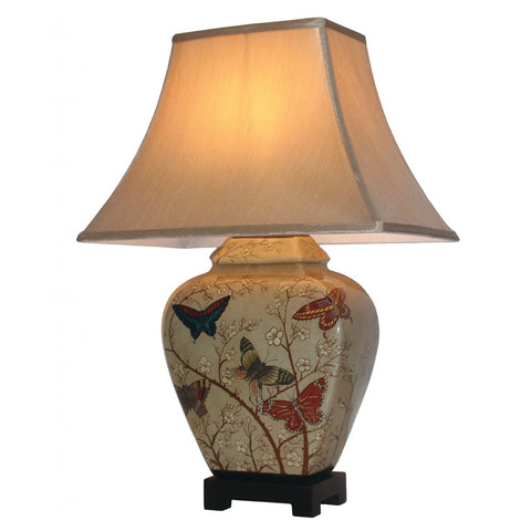 Oriental Chinese Ceramic Table Lamp with Shade Butterlies Floral Blossom Buffet