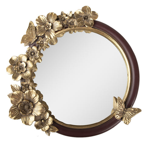 Round Wall Mirror Floral Butterflies Ornate Gold Decor Brown Circular Frame