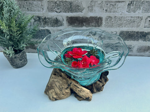 Flower Shaped Molten Glass Bowl on Root Wood Base for Sweets Pot Pourri Trinkets