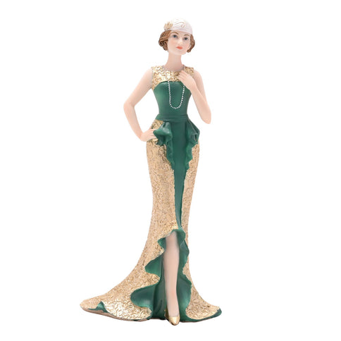 Art Deco Lady Figurine Ornament Collectible Broadway Belles Green Gold Marie 22cm