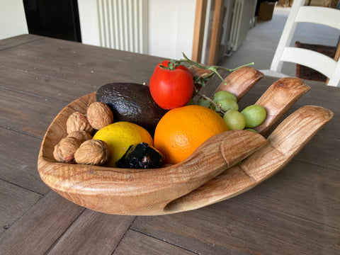 Wooden Hand Bowl Carved Hands Ornament Sculpture Dish Fruit Trinket Sweet Holder 35cm