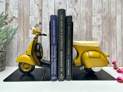 Retro Vespa Scooter Bookends Yellow Metal Moped Book Shelf Ornament Gift